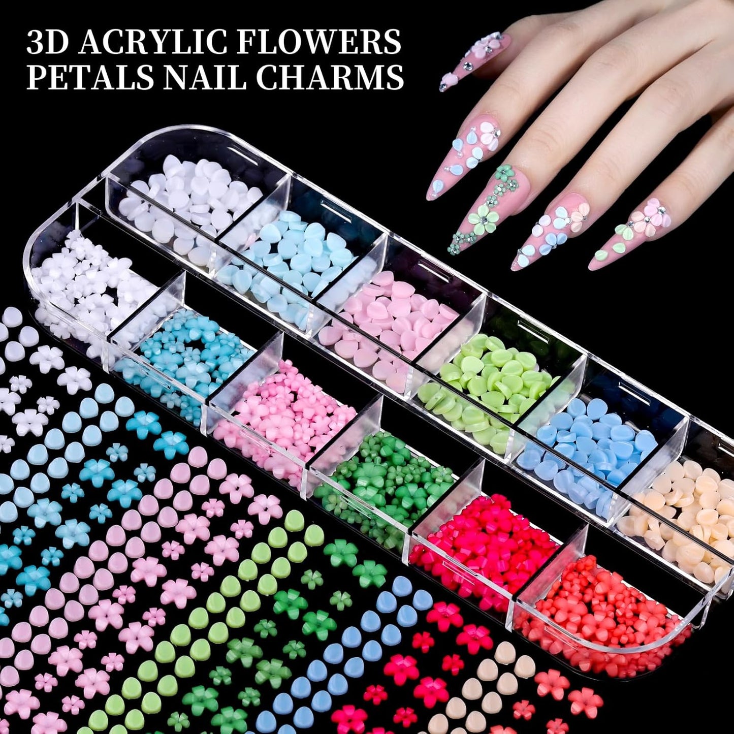 FANDAMEI Nail Charms, 8-Box Nail Charms and Gems, Fruit Bow Hawaii Flowers Petals 3D Nail Art Charms Bulk, Colorful Bubble Beads Nail Rhinestones, Gold Studs Flatback Nail Pearls for DIY-Velvo Beauty