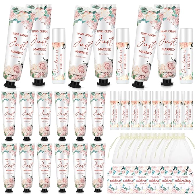 25 Set Wedding Lip Balms and Hand Cream Gift Set Include 25 Moisturizing Hand Care Cream 25 Lip Balms with Thank You Cards and Bags Bridesmaid Gift Set for Bridal Shower Wedding(Floral)-Velvo Beauty