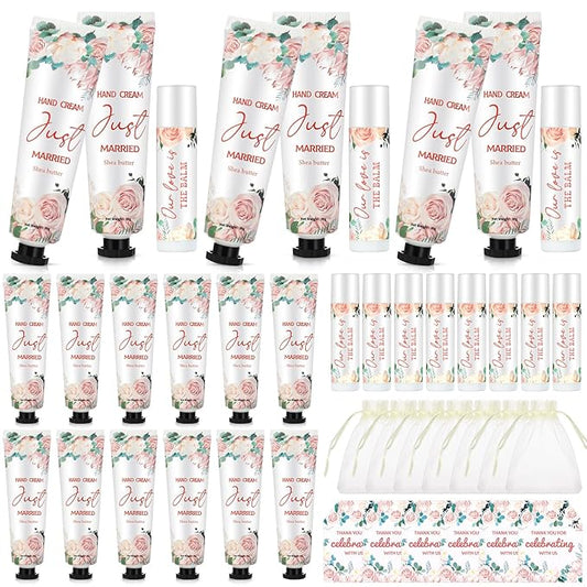 25 Set Wedding Lip Balms and Hand Cream Gift Set Include 25 Moisturizing Hand Care Cream 25 Lip Balms with Thank You Cards and Bags Bridesmaid Gift Set for Bridal Shower Wedding(Floral)-Velvo Beauty
