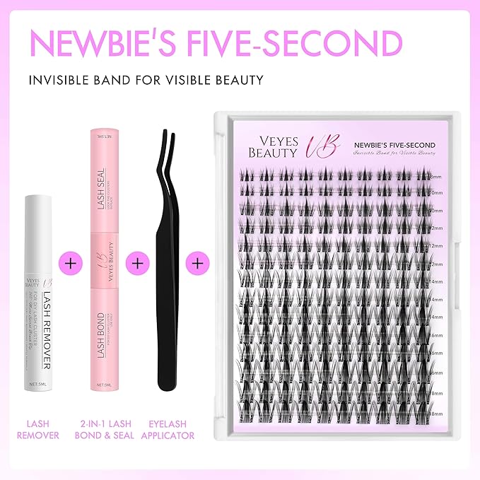 VEYESBEAUTY Lash Clusters Kit Eyelash Extensions Thin & Invisible Band DIY Individual False Eyelashes Newbie's Five-Second Series Wispy Lash Tray for Self-application, Manga Lash 8-18mm Mixed Length-Velvo Beauty