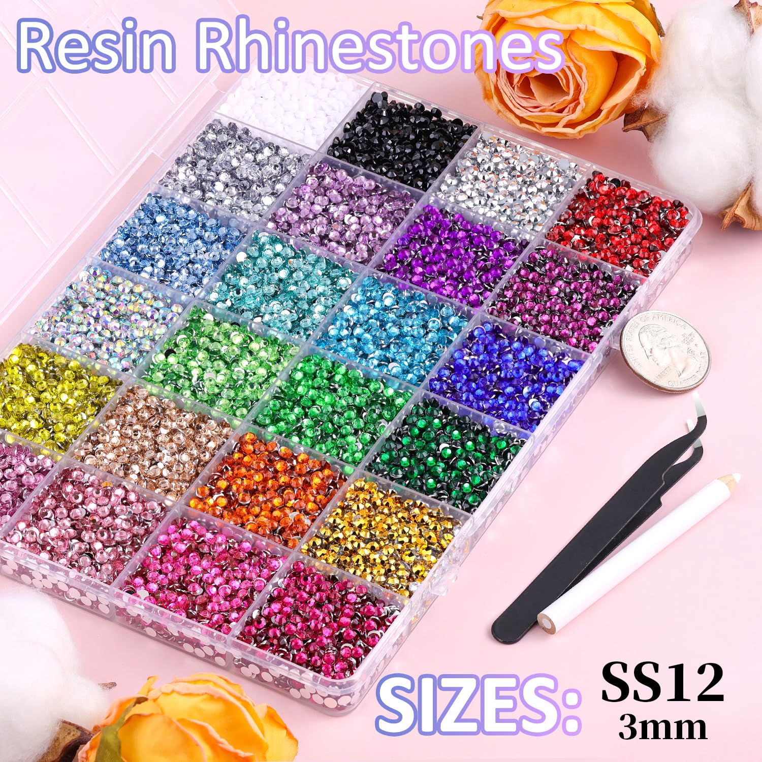 24000Pcs Resin Rhinestones for Crafting with Tweezers, Multicolor 3mm Bedazzling Crystal with 3Pcs 10ml B7000 Jewelry Glue for DIY Crafts Clothing Tumblers Shoes Fabric Nail Art-Velvo Beauty