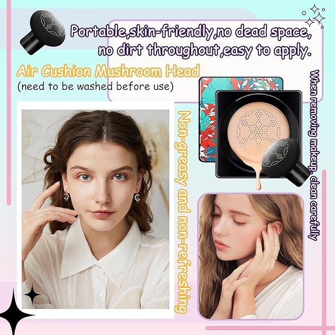 Air Cushion CC Cream Mushroom Head Foundation,Waterproof Long Lasting Loose Setting Powder,Moisturizing BB Cream Liquid Foundation Makeup Primer Concealer Base with Makeup Sponge（4PCS）-Velvo Beauty