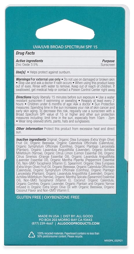 All Good Organic SPF15 Lip Balm - Hydrating Lip Care with Olive Oil, Beeswax, Calendula, Lavender, Vitamin E - Lip Moisturizer with Zinc Oxide Protection - Original, Spearmint & Coconut (6-pack)-Velvo Beauty
