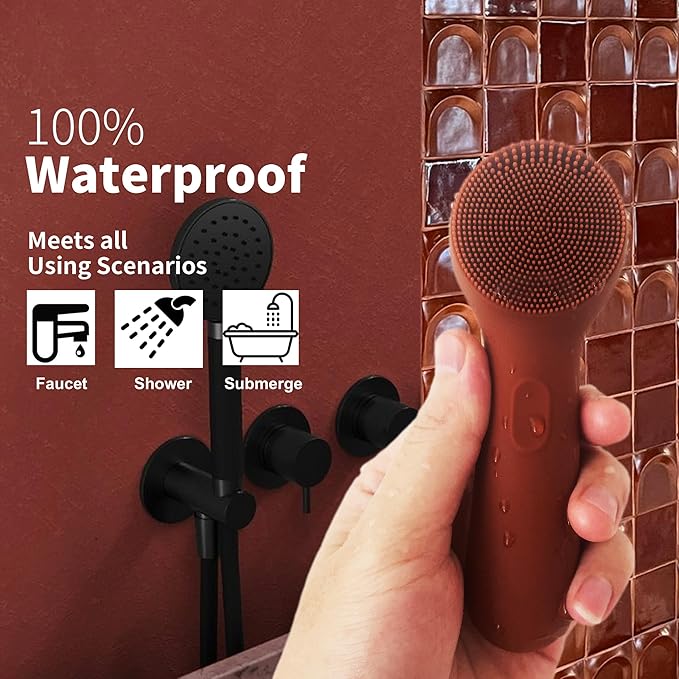 Silicone Face Scrubber, NågraCoola CLIE 2.0 Facial Cleansing Brush, Rechargeable, Waterproof Face Scrub Brush for Cleansing, Exfoliating, Massaging, Electric Facial Exfoliator for Women and Men-Russet-Velvo Beauty