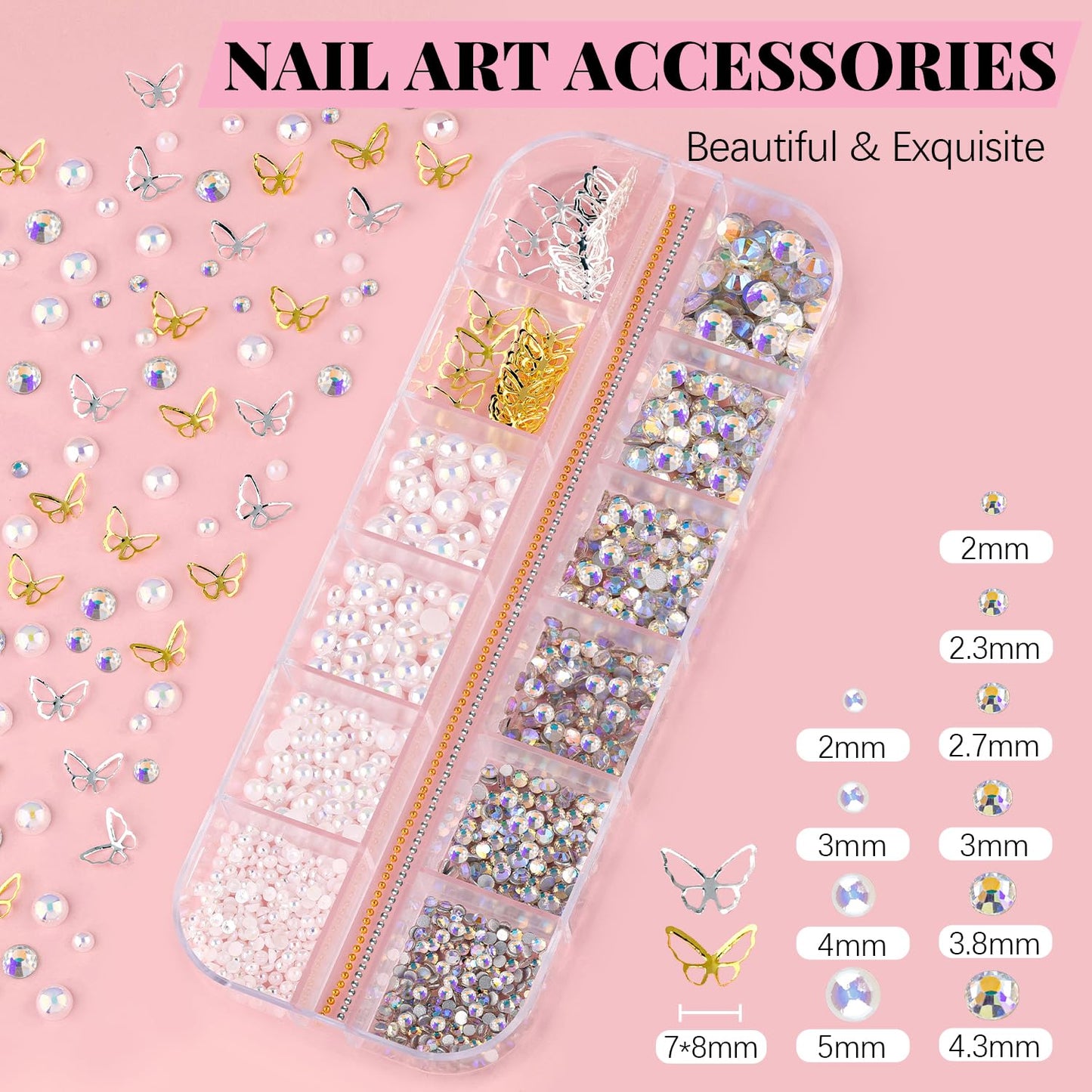 3D Nail Charms, Butterfly White Pink Acrylic Flower Starry AB Gemstones Caviar Beads Half Round Pearl, Flat Back Glass Crystal AB + Clear Round Gems Rhinestones for Nails with Pickup & Dotting Tools-Velvo Beauty