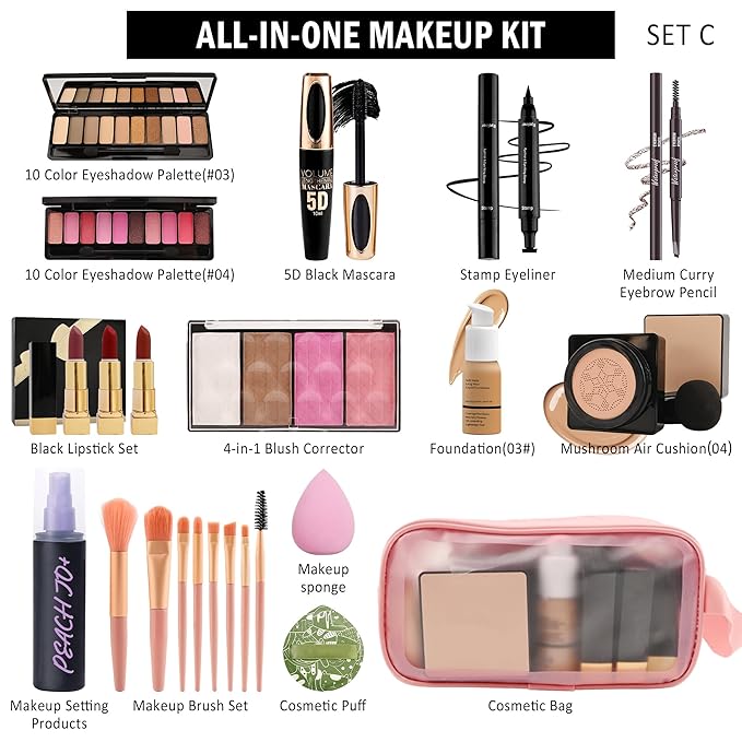 All In One Multipurpose Makeup Kit for Women,Travel Makeup Set,Makeup Gift Full Kit,Includes Foundation Eyeshadow Palette Lipstick Mascara Eyeliner Blusher Cosmetic Brush Set with Makeup Bag-Set C-Velvo Beauty