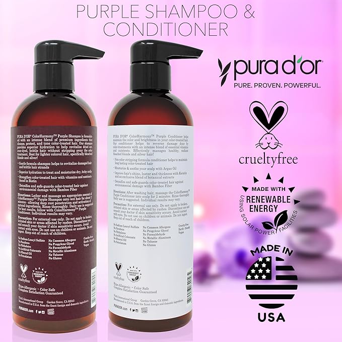 PURA D'OR 16 Oz ColorHarmony Purple Shampoo For Bleached, Blonde, Silver & Color Treated Hair - Keratin, Bamboo Fiber, No Sulfates, Select Natural Ingredients - Men & Women-Velvo Beauty