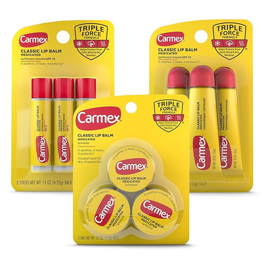 Carmex Medicated Lip Balm Variety Pack, Lip Moisturizer for Dry, Chapped Lips, Carmex Classic Sticks 0.15 oz, 3 count, Carmex Classic Tubes 0.35 oz, 3 count, Carmex Classic Jars 0.25 oz, 3 count-Velvo Beauty
