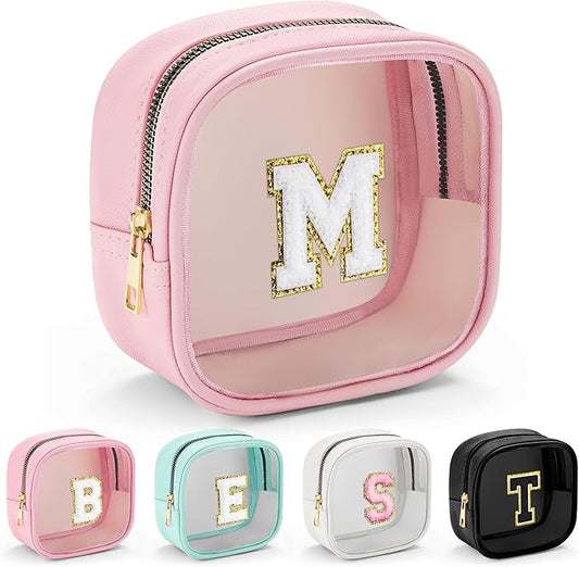 YOOLIFE Mini Initial Makeup Bag | Travel Toiletry Bag | Clear Makeup Bag | Travel Essentials Gifts for Women Teen Girlfriend Teacher Birthday Gifts | Clear Toiletry Bag Small Mini Cosmetic Bag Pink M-Velvo Beauty