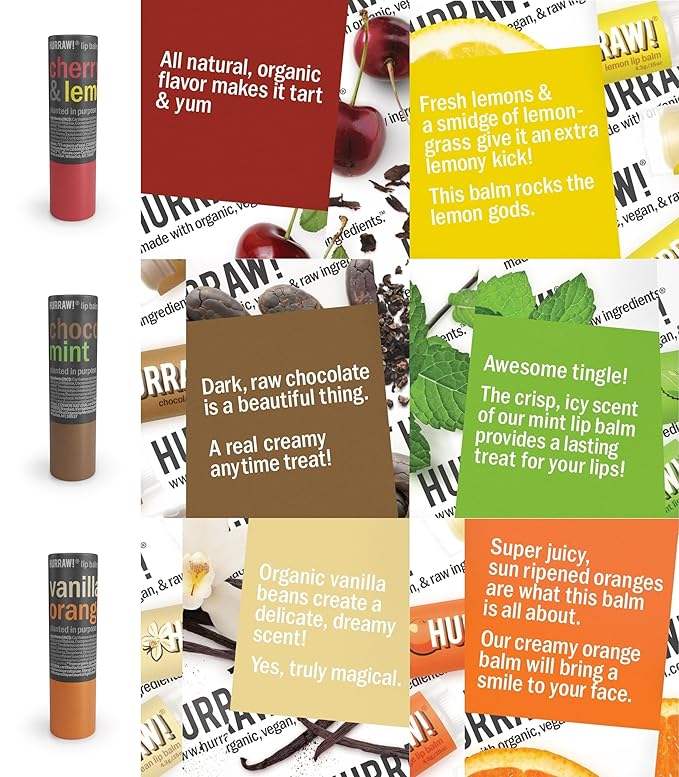 Hurraw! Cherry Lemon, Chocolate Mint & Vanilla Orange Lip Balm 3 Pack Bundle: Plastic-Free with new cardboard push-up tube. Certified Organic, Natural & Vegan. Bee, Shea, Soy & Palm Free. Made in USA-Velvo Beauty