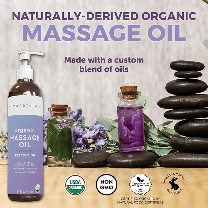 Viva Naturals Organic Massage Oil (8 fl. oz.) - Lavender Scented Non-Greasy Body Massage Oil with Mess-Free Pump, Moisturizing Massage Oils for Massage Therapy, Non-GMO and Certified Organic, 237 mL-Velvo Beauty