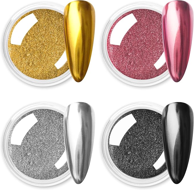 Allstarry Gold and Silver Chrome Nail Powder, 4 Colors Metallic Effect Mirror Chrome Powder Pigment Holographic Manicure Pigment Gold Siver Pink Chrome Nail Glitter-Velvo Beauty