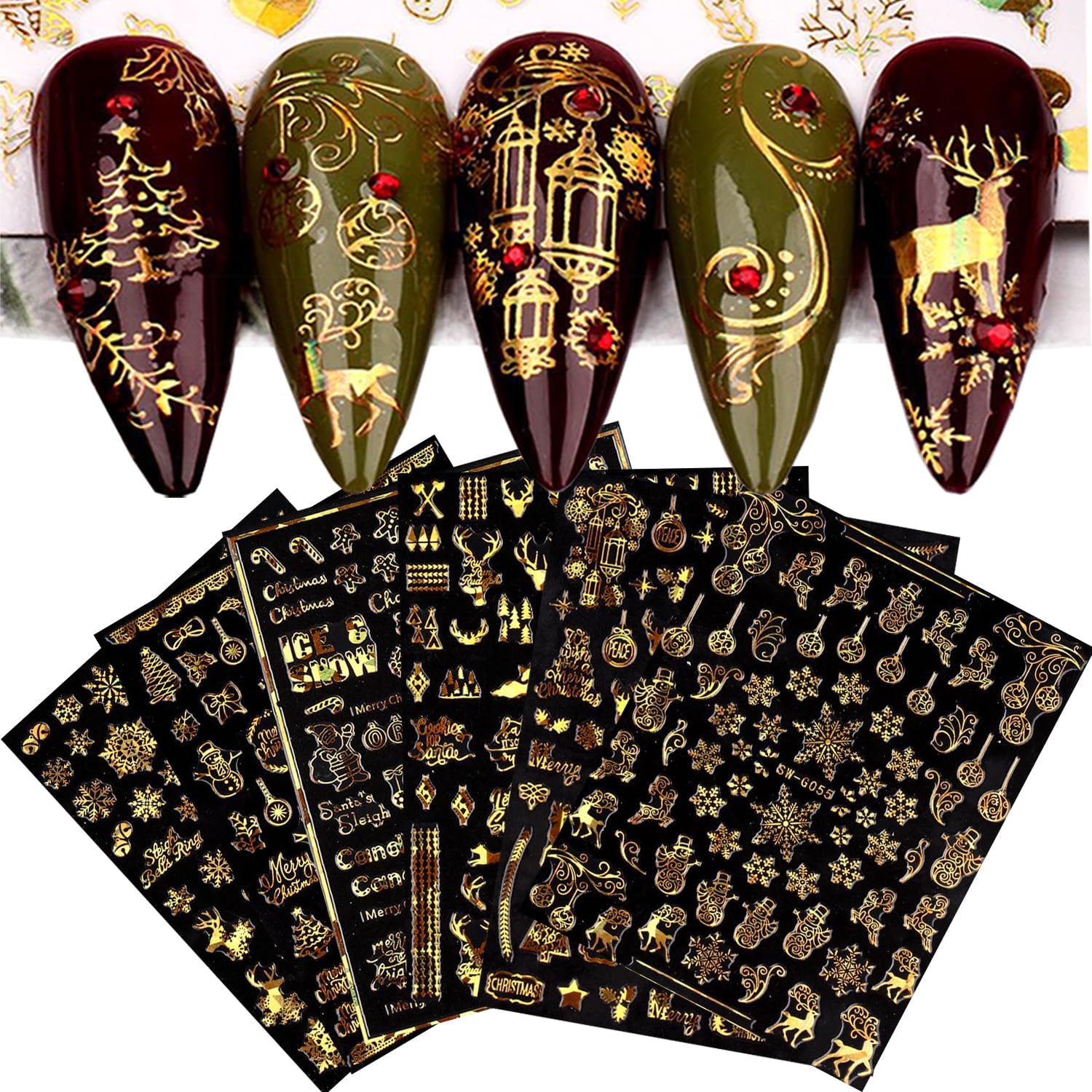 9 Sheets Christmas Nail Art Stickers Decals Self-Adhesive Pegatinas Uñas Holiday Glod Laser Snowflakes Snowman Nail Supplies Nail Art Design Decoration Accessories-Velvo Beauty