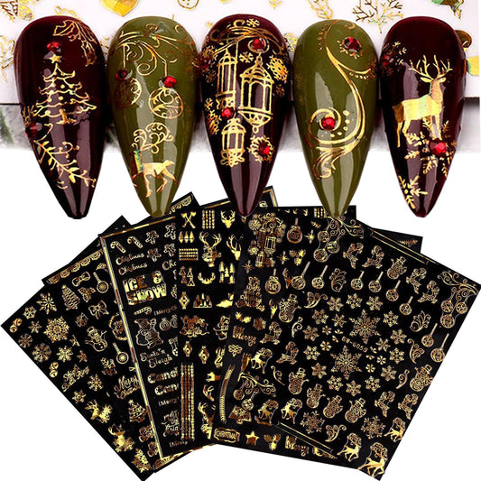 9 Sheets Christmas Nail Art Stickers Decals Self-Adhesive Pegatinas Uñas Holiday Glod Laser Snowflakes Snowman Nail Supplies Nail Art Design Decoration Accessories-Velvo Beauty