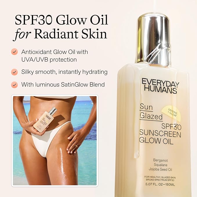 Everyday Humans Sun Glazed SPF30 Sheer Body Glow Oil with Gold Mica | Hydrating Non-Sticky Glowing UV Protection Cruelty Free 5.1 Fl Oz | Bergamot, Squalane, Jojoba Seed Oil | UVA/UVB Broad Spectrum-Velvo Beauty