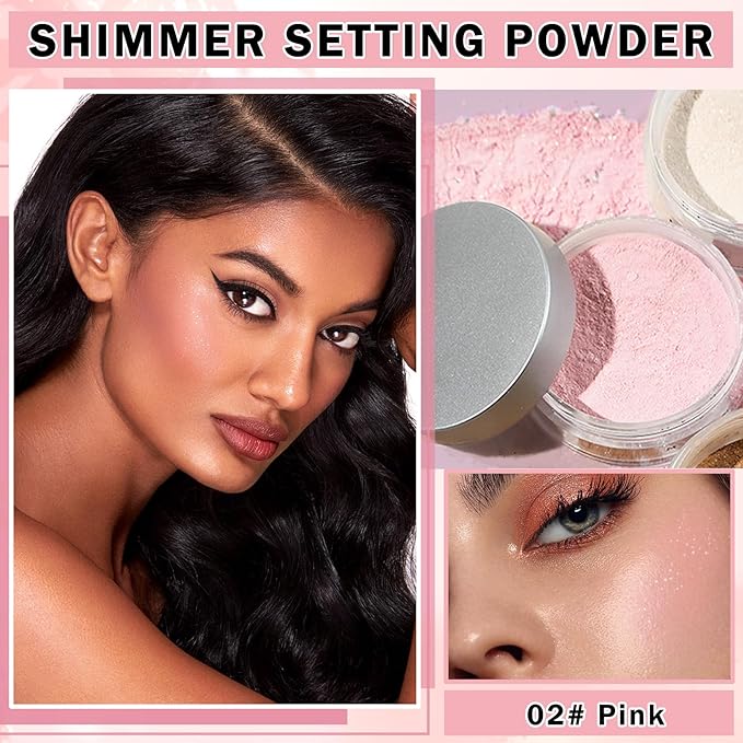 Pink Setting Powder Loose Powder Shimmer Finishing Powder Ultimate Blurring Setting Powder Long Lasting Oil Control Loose Face Powder for All Skin Tones-02 Pink-Velvo Beauty