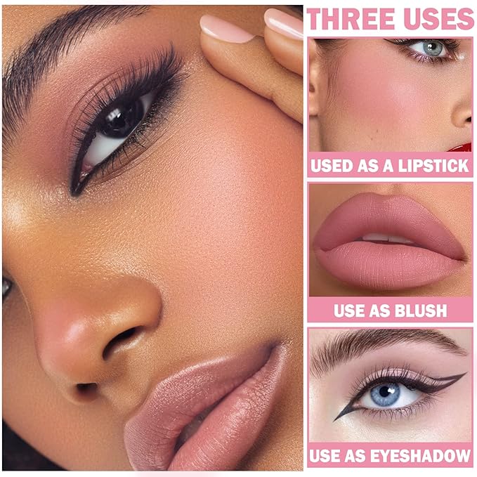 Cream Blush Stick with Brush,Waterproof Blush Makeup,Long Lasting 3 In 1 Cheek Blush & Lip Tint & Eye Shadow Makeup Stick,Easy To Use Blends Effortlessly,Cream Blush Makeup for All Skin Tones - Cherry Pink-Velvo Beauty