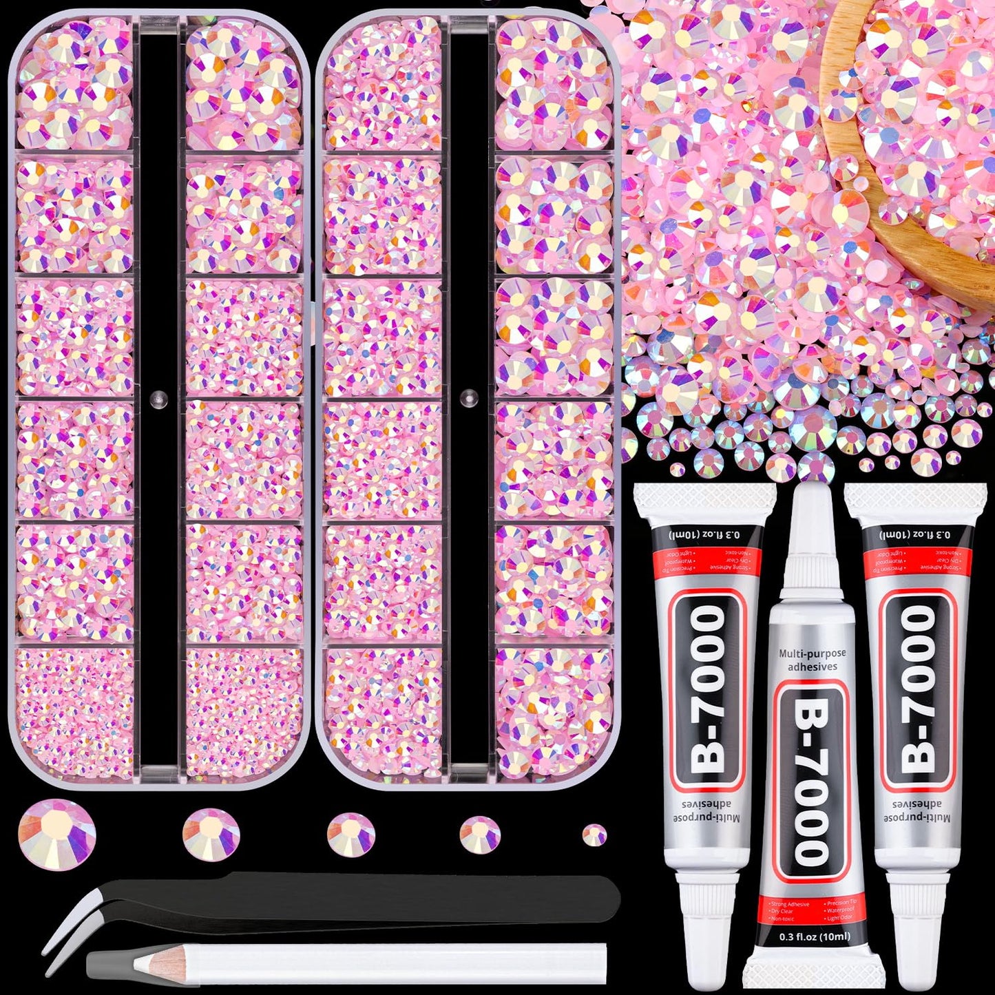 Resin Jelly Rhinestones for Crafting with B7000 Jewelry Glue, 2 Boxes Light Pink AB Flatback Crystals with 3Pcs 10ml Glue, Bedazzling Non Hotfix Gems for DIY Tumblers Clothing Shoes Manicure-Velvo Beauty