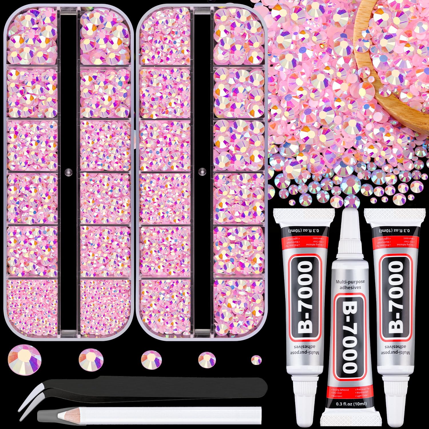 Resin Jelly Rhinestones for Crafting with B7000 Jewelry Glue, 2 Boxes Light Pink AB Flatback Crystals with 3Pcs 10ml Glue, Bedazzling Non Hotfix Gems for DIY Tumblers Clothing Shoes Manicure-Velvo Beauty