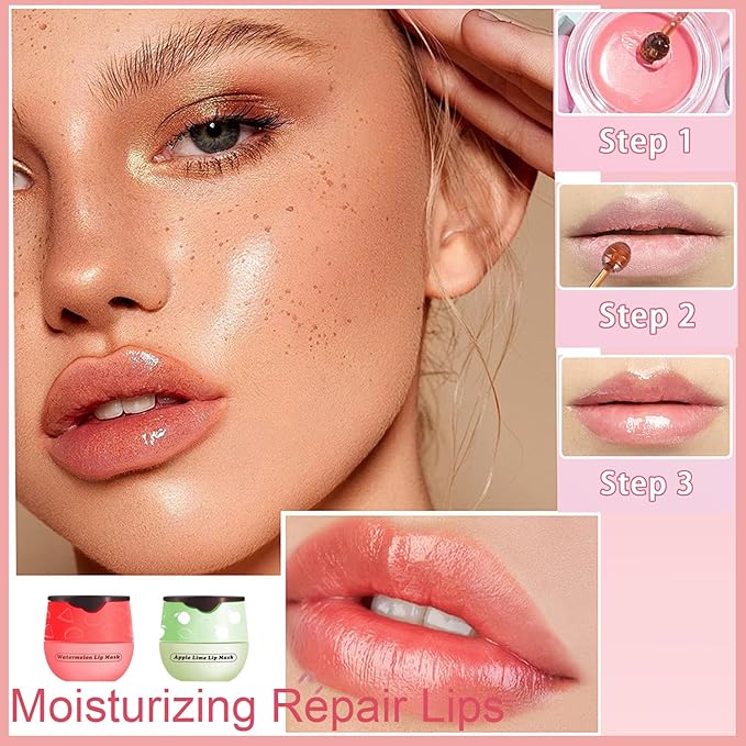 2 PCS Bee Lip Balm Honey Pot, Watermelon Apple Bee Lip Balm Sleeping Lip Mask Overnight with Sticks, Honey Pot Lip Balm Hydrating Exfoliating Prevention Dry and Crack Lip Scrubs-Velvo Beauty