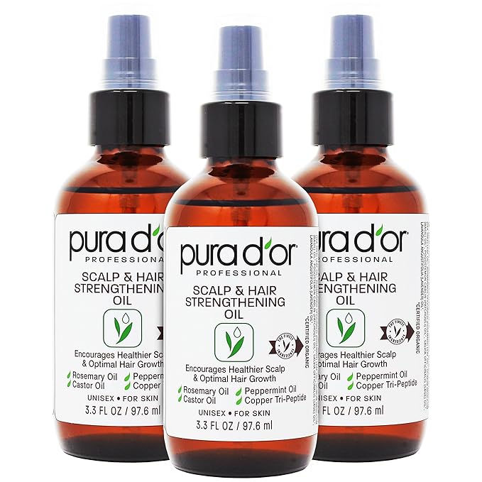 PURA D'OR Scalp & Hair Strengthening Oil (3.3oz x3 = 9.9oz) Supports Optimal Growth, Reduce Breakage, Nourish Roots for Healthier, Fuller, Thicker Hair - Rosemary, Castor & Peppermint Oil-Velvo Beauty