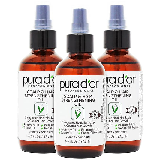 PURA D'OR Scalp & Hair Strengthening Oil (3.3oz x3 = 9.9oz) Supports Optimal Growth, Reduce Breakage, Nourish Roots for Healthier, Fuller, Thicker Hair - Rosemary, Castor & Peppermint Oil-Velvo Beauty