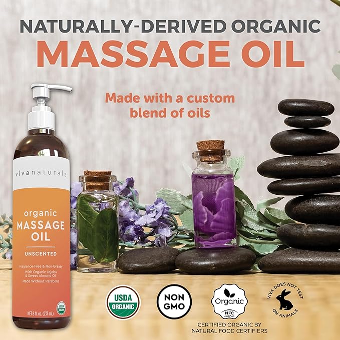 Viva Naturals Organic Massage Oil Unscented (8 fl. oz.) - Non-Greasy Body Oil with Mess-Free Pump, Moisturizing Massage Oils for Massage Therapy, Non-GMO and Certified Organic, 237 mL-Velvo Beauty