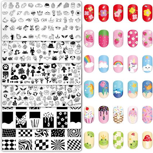 Whaline 6Pcs Kids Nail Plates Stamping Set Cute Animal Floral Dessert Stamp Templates Nail Art Plates for DIY Print Manicure Salon Design-Velvo Beauty