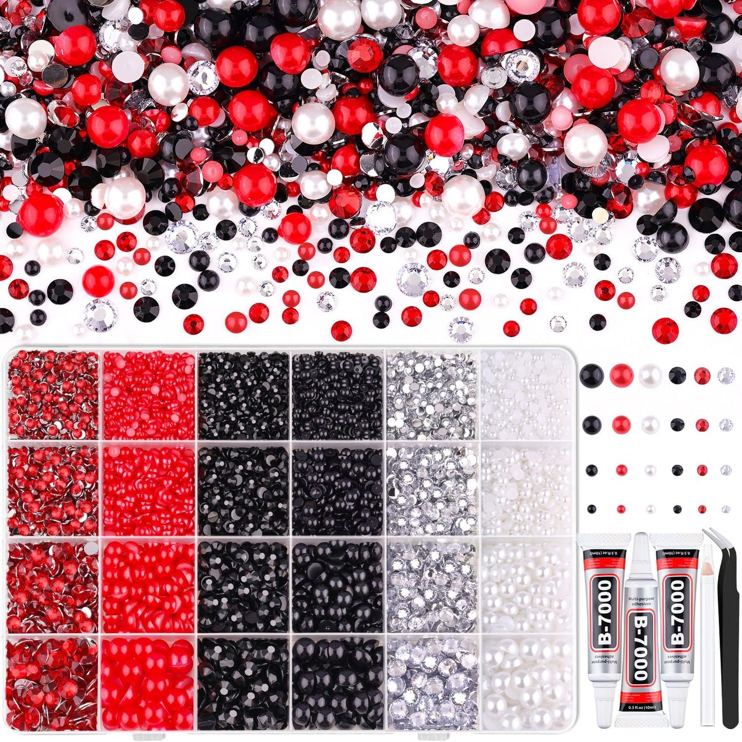 9000PCS Flatback Pearls and Rhinestones for Crafting, Red White Black 3-10mm Resin Rhinestones and Half Pearls for Bedazzling, Nail Art and Dec with 3pcs B7000 Jewelry Glue, Tweezer and Pickup Pencil-Velvo Beauty