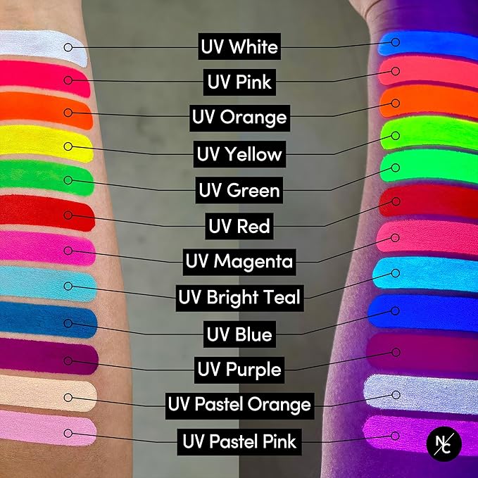 UV 12-Color Palette - Water-Activated Neon Glow Makeup for Face & Body - Fluorescent Shades for SFX, Party Makeup, Cosplay & Theatrical Performances-Velvo Beauty