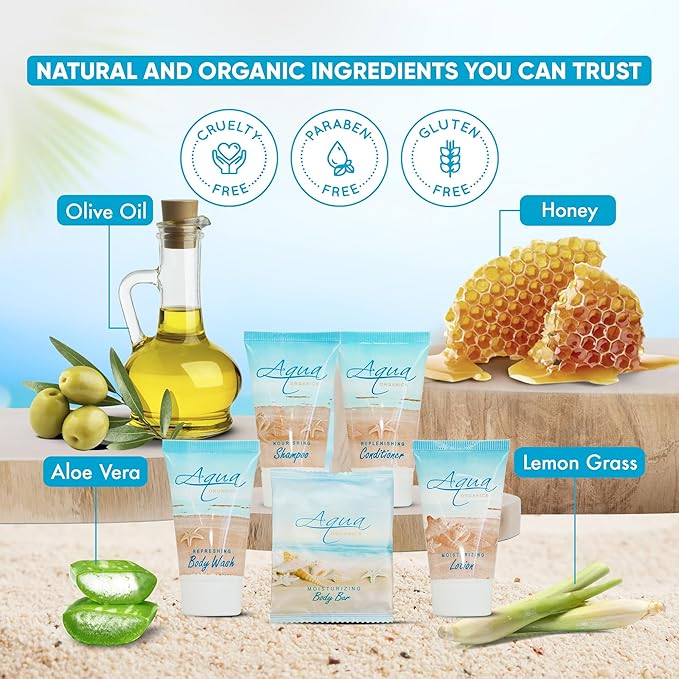 Aqua Organics Hotel Soaps and Toiletries Bulk Set | 1oz Hotel Shampoo & Conditioner, Body Wash, Body Lotion & 1oz Bar Soap Travel Size | Half Pallet 21 cases with 300 units each - 6,300 pieces-Velvo Beauty