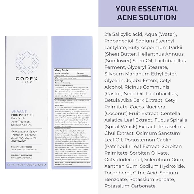Codex Labs Shaant Pore Purifying Face Scrub - Oil Control Pore Minimizer Exfoliator - For Acne Prone, Oily Skin, All Skin Types - With 2% Salicylic Acid - Cruelty-Free, Vegan Skincare (100g)-Velvo Beauty