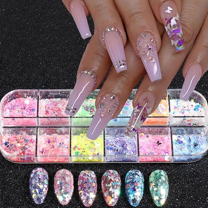 12 Grids Flaky Nail Art Glitter Sequins 3D Heart-Shaped Butterfly Ultra Thin Nail Art Sparkly Flake Designs Moon Stars Decorations Nail Glitter Sequins Suitable for Female Girl Nail Art Techniques-Velvo Beauty
