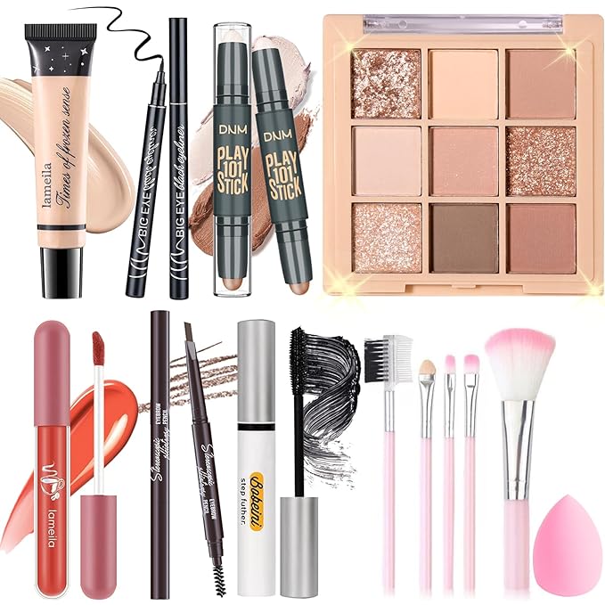 Makeup Set Kit for Women Girls Teens, Makeup Present Set, Includes 9 Color Eyeshadow, Counter Stick, Foundation, Eyebrow Pencil, Eyeliner, Mascara, Lip Gloss, 5Pcs Brushes, Sponge-Velvo Beauty