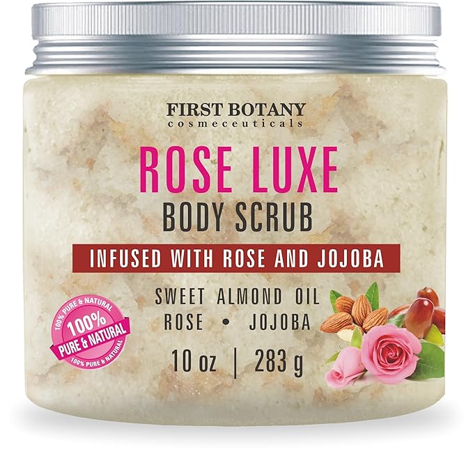 First Botany Body Scrub - Natural Exfoliating Salt Scrub & Body and Face Souffle helps with Moisturizing Skin, Acne, Cellulite, Dead Skin Scars, Wrinkles (10 fl oz, Rose)-Velvo Beauty