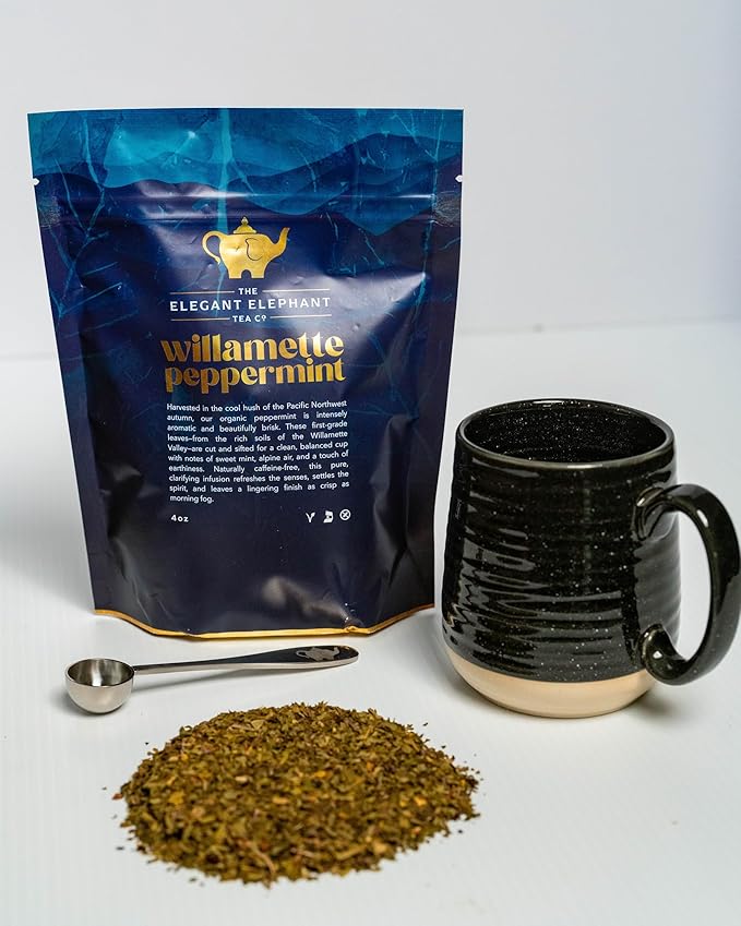 Willamette Peppermint Tea, Organic Loose Leaf Mint Herbal Tea – Soothing, Caffeine-Free – Refreshing Hot or Iced – 4 oz Resealable Bag (Makes 50 Cups) – The Elegant Elephant-Velvo Beauty