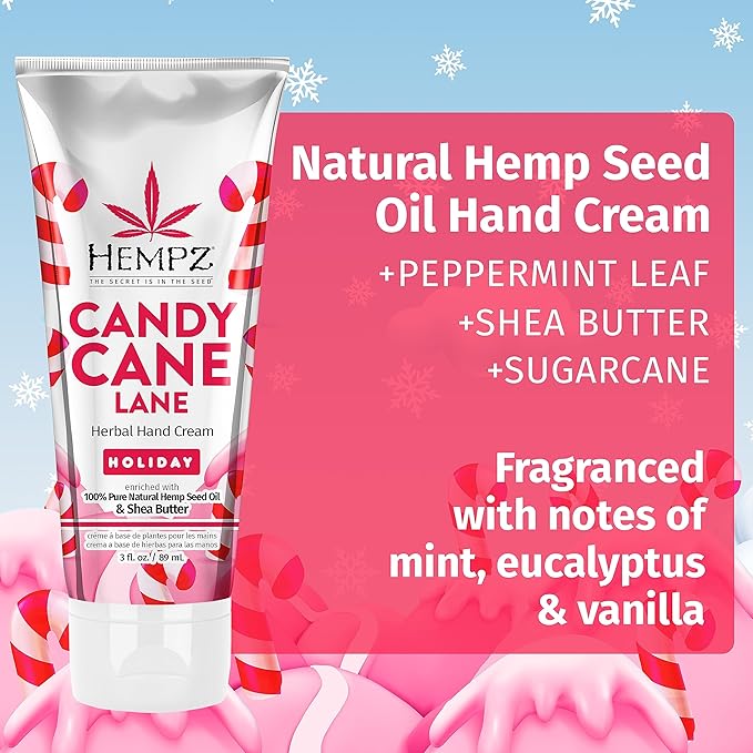 Hempz Limited Edition Candy Cane Lane Hand Cream Lotion (3 Oz) – Mini Holiday Scented Travel Cream Skin Care for Women & Men, Made with Shea Butter for Combatting Dry Hands while Travelling-Velvo Beauty
