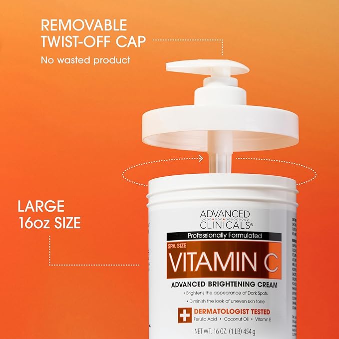 Advanced Clinicals Vitamin C Cream Face & Body Lotion Moisturizer | Anti Aging Skin Care Firming & Brightening Cream For Body, Face, Uneven Skin Tone, Wrinkles, & Sun Damaged Dry Skin, 16 Oz-Velvo Beauty