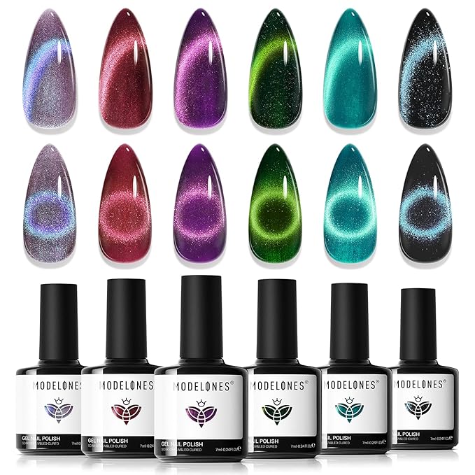 modelones Cat Eye Gel Nail Polish, 6 Colors Glitter Red Green Purple Blue Gel Polish Set with Magnet Sparkle Galaxy Series Nail Gel Polish Kit Soak Off Led Nail Art Manicure Salon DIY Gifts-Velvo Beauty