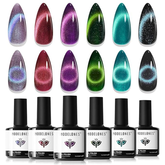modelones Cat Eye Gel Nail Polish, 6 Colors Glitter Red Green Purple Blue Gel Polish Set with Magnet Sparkle Galaxy Series Nail Gel Polish Kit Soak Off Led Nail Art Manicure Salon DIY Gifts-Velvo Beauty