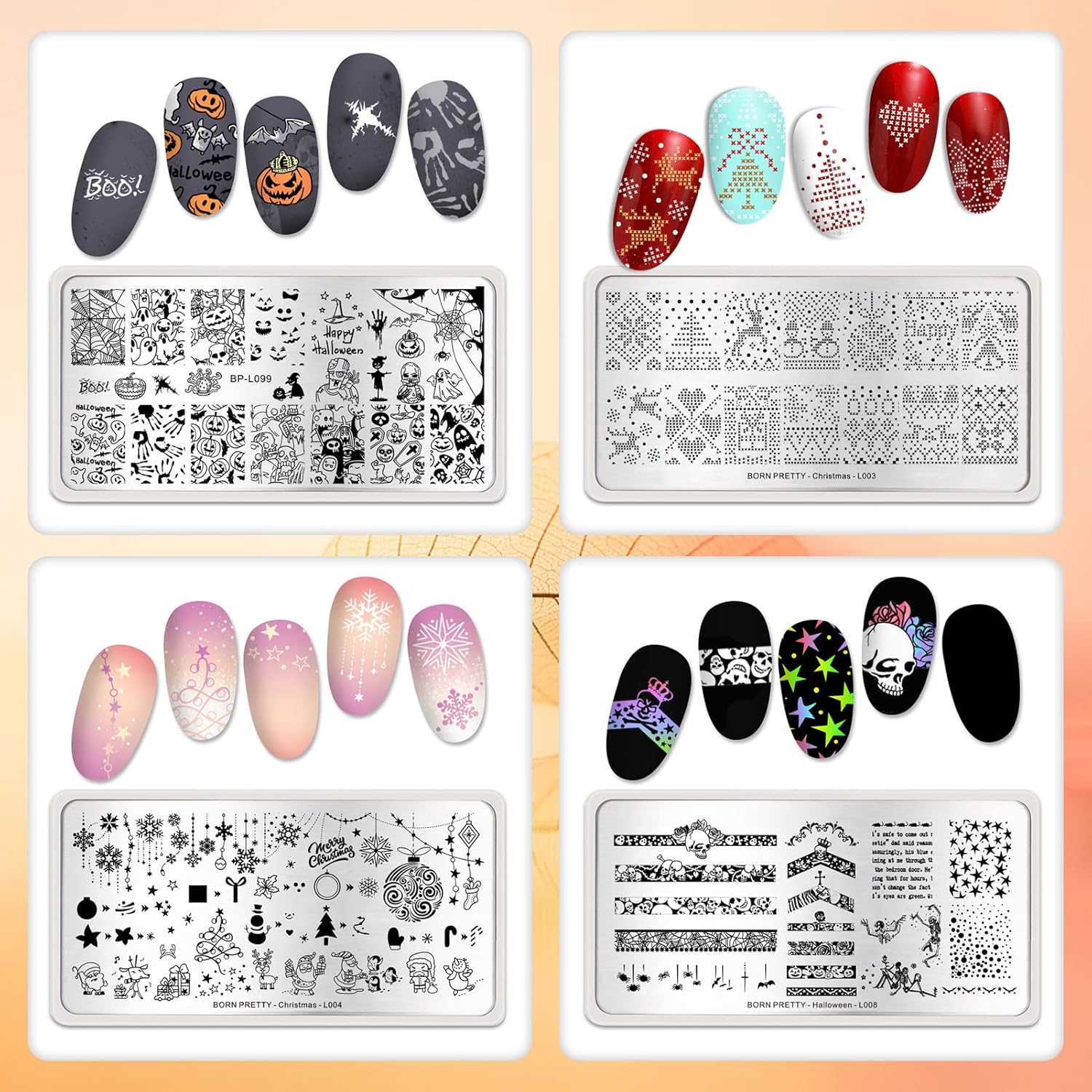 Born Pretty Nail Stamping Plates 8PCS Nail Art Design Kit Fall Winter Halloween Christmas Tree with Snowflake Cute Deer Nail Art Image Plates Halloween Christmas Patterns Templates DIY Printing Tools-Velvo Beauty