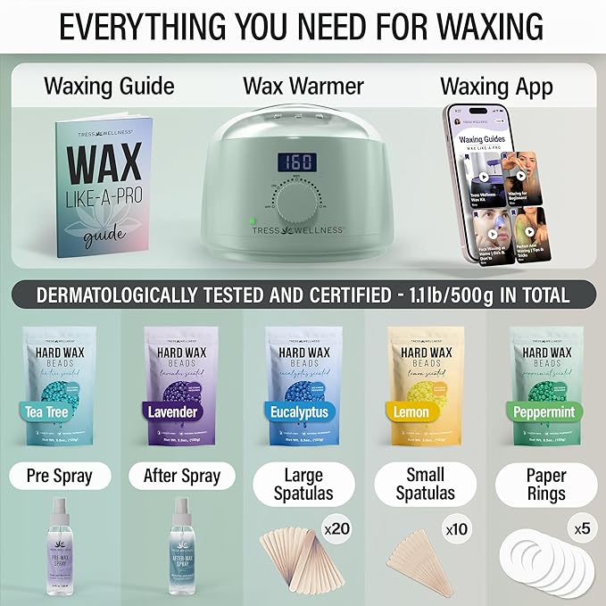 Tress Wellness Waxing Kit for Sensitive Skin – Safe for Face & Skin, Prep & Aftercare Spray, Easy to Use – At-Home Kit for Face, Bikini, Brazilian & Full Body - Digital Display, Green-Velvo Beauty