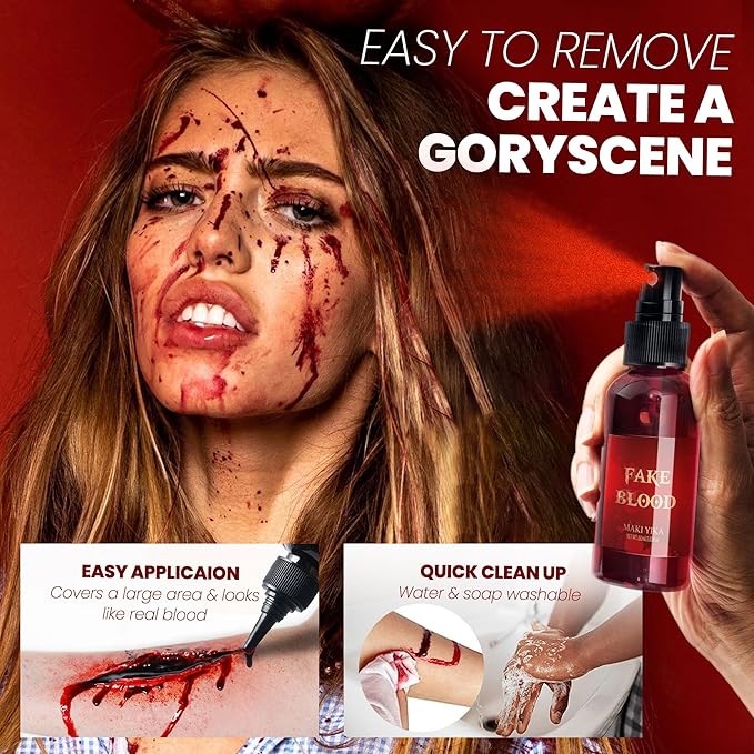 3Pcs Halloween Fake Blood Makeup Kit Realistic SFX Makeup Set - Blood Spray 2.03oz + Coagulated Blood 1.06oz + Dripping Blood 2.03oz, Edible Washable Special Effects Faux Blood for Zombie Vampire-Velvo Beauty