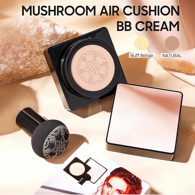 Air Cushion CC Cream Mushroom Head - Moisturizing & Oil Control Screw Lid Concealer Makeup Base, Primer Liquid Foundation Long Lasting with Mushroom Makeup Sponges for All Skin Types (Natural)-Velvo Beauty
