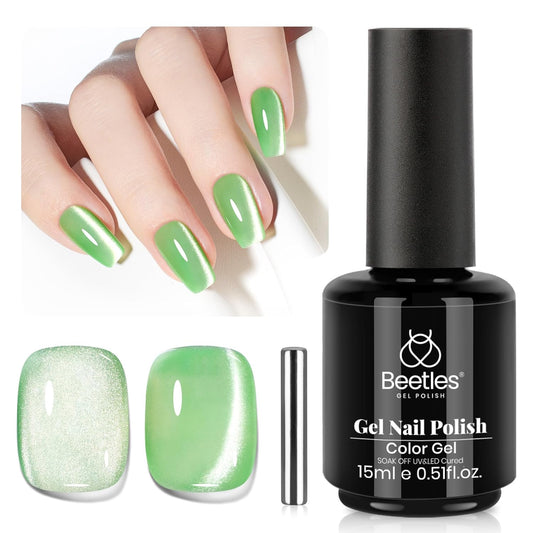 Beetles Green Cat Eye Gel Polish, 15ML Light Green Glass Cat Eye Glitter Gel Polish with Magnet Shimmer Translucent Sheer Color Soak Off UV Lunar Gleam Series French Nail Art Gift for Women-Velvo Beauty