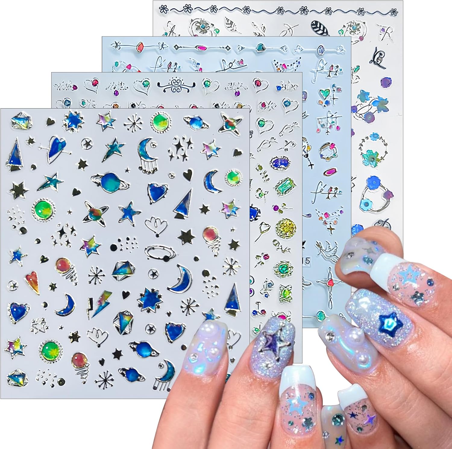 4 Sheets Star Sun Moon Nail Art Stickers 3D Holographic Self Adhesive Glitter Colorful Floral Nail Stickers Sparkly Heart Gems Design Nail Supplies for Women and Girls DIY Manicure Decoration-Velvo Beauty