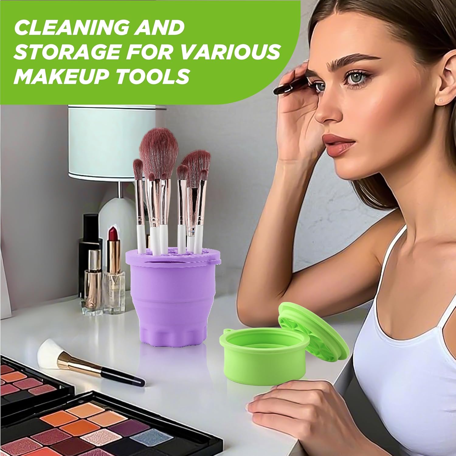 Makeup Brush Cleaner - Foldable Silicone Makeup Brush Cleaner Mat with Brush Storage Holder Makeup Brush Cleaning Bowl Cosmetic Brush Washing Tool for Cleaning Organizer and Drying (Purple and Green)-Velvo Beauty
