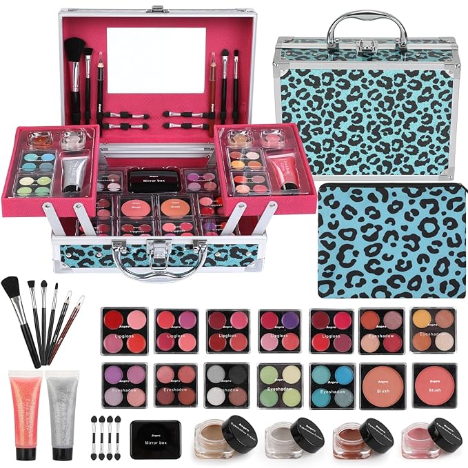Anpro All-In-One Leopord Double Folding Makeup Carry Case with Pro Teen Makeup Set, Full Starter Kit with Makeup Brushes, Lipsticks, Eyeshadow Palette, Blushes, Glitter Gel, Ideal Present for Girls-Velvo Beauty