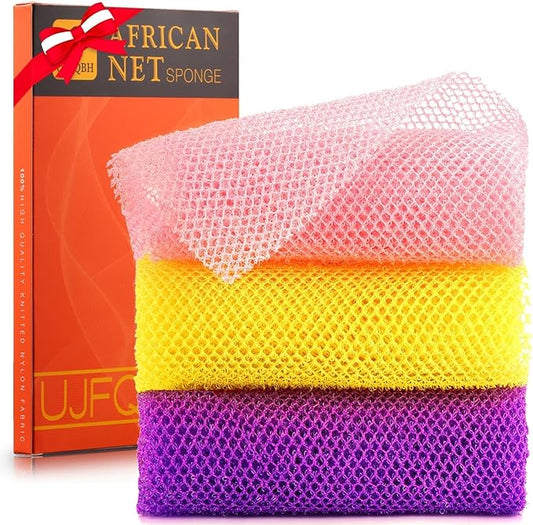 UJFQBH 3 Pieces African Bath Sponge African Net Long Net Bath Sponge Exfoliating Shower Body Scrubber Back Scrubber Skin Smoother,Great for Daily Use (Pink,Yellow,Purple)-Velvo Beauty