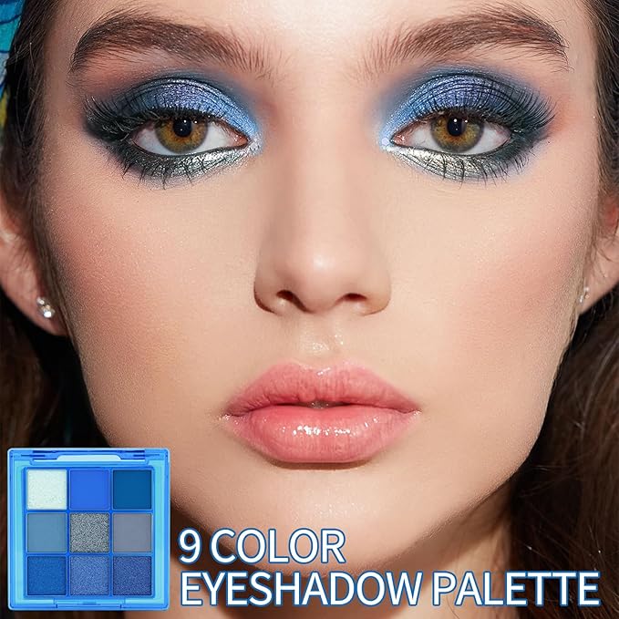 Erinde 9 Colors Dark Light Royal Cobalt Blue Pearl White Glitter Shimmer Eye Shadow Makeup Palette Highly Pigmented Waterproof Matte Glitter Shimmer Daily Party Sparkling Eyeshadow Palett for Girl-Velvo Beauty